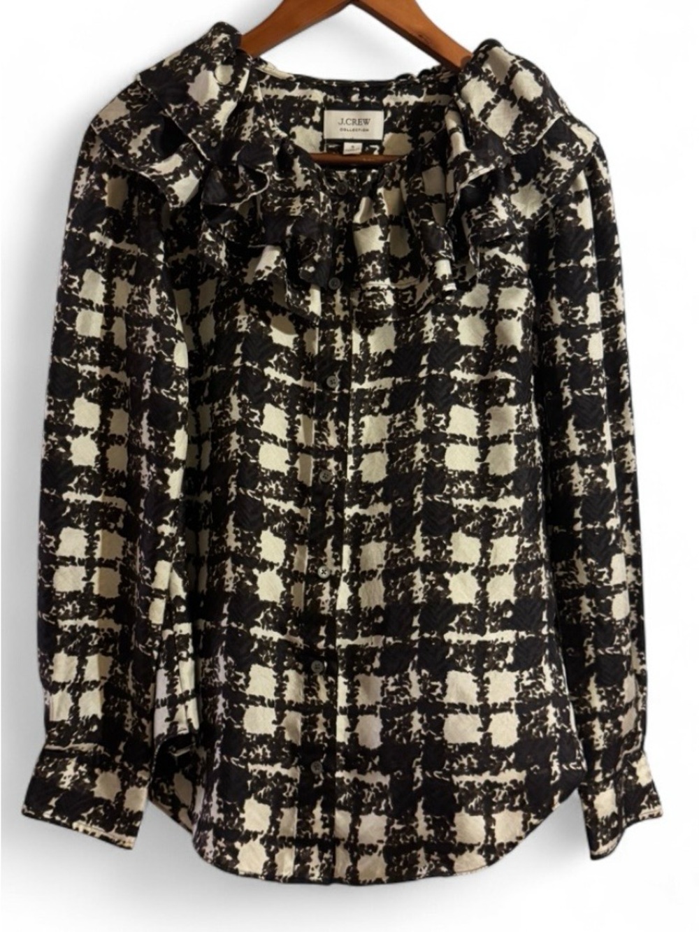J.Crew Collection Silk Twill Ruffle Collar Blouse - Black White Plaid Sz S